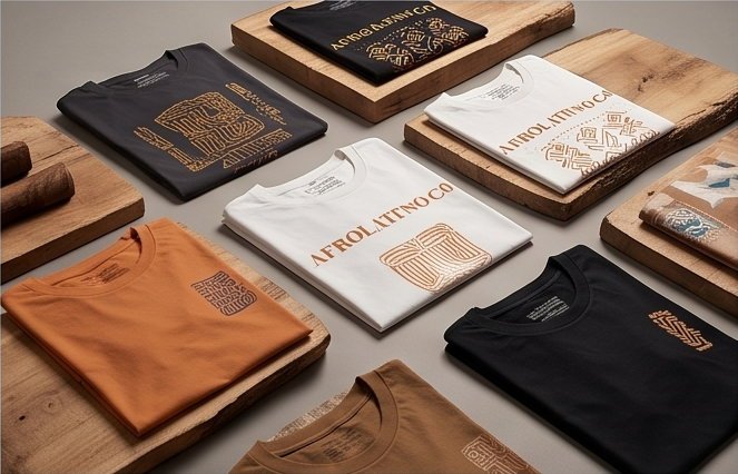 Camisetas de algodón premium de Afrolatino.co con estampados de iconografía ancestral y empaques de lienzo reutilizables.